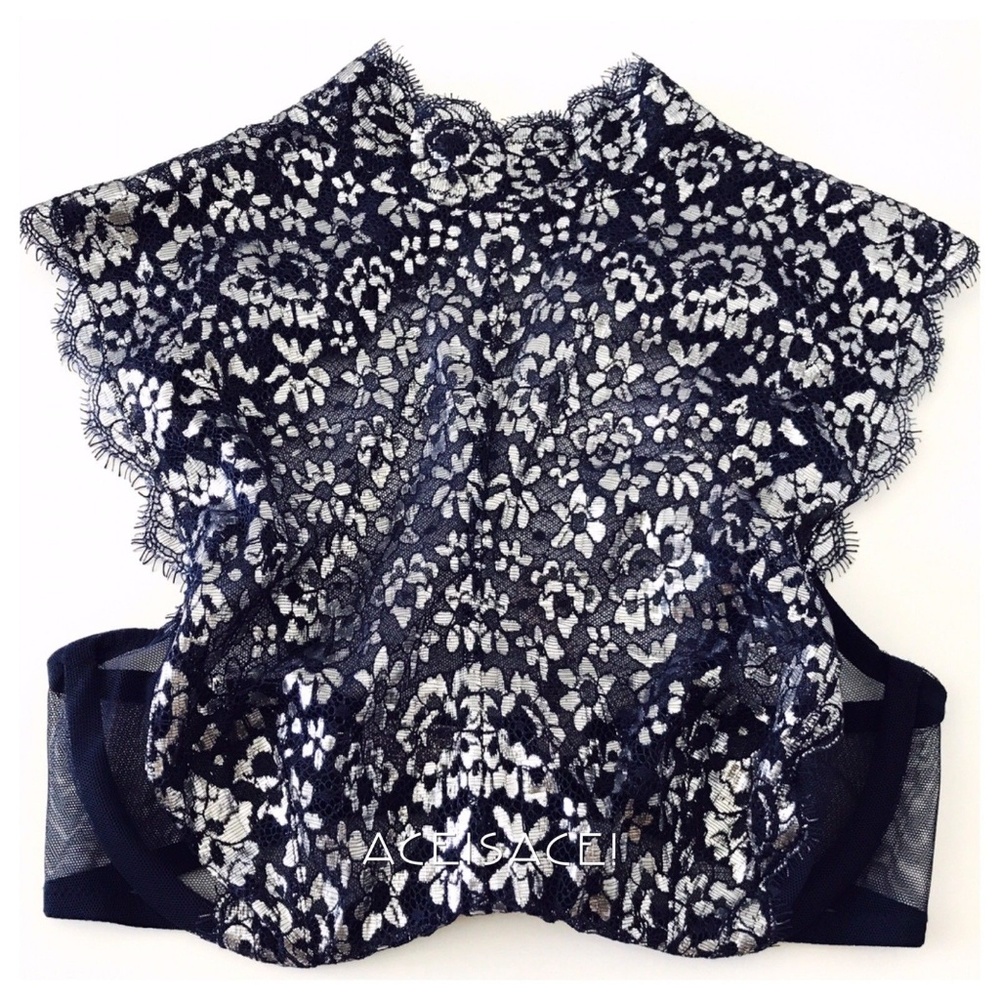 Victoria's Secret Navy and White Lace High-Neck Bra